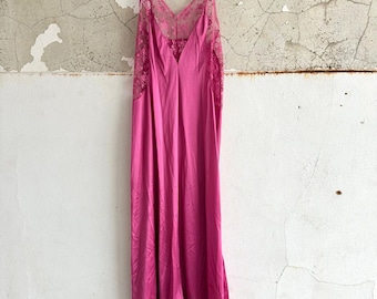 90s Hot Pink Lace Maxi Slip Dress: Vintage Nylon Lingerie, Womens M