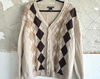 Vintage Cardigan Sweater Argyle Plaid Wool Blend 90s Retro Grandpacore UK Mens L