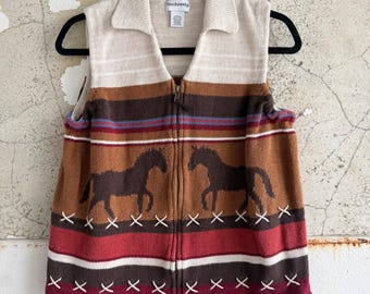Vtg Horse Sweater Vest Equestrian Southwestern Knit Zip Up 90s Breckenridge L