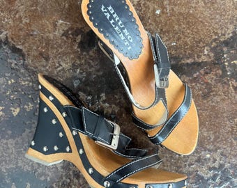 Y2K Studded Platform Wedge Sandals Wooden Wedge Leather Bruno Valenti Clogs 7