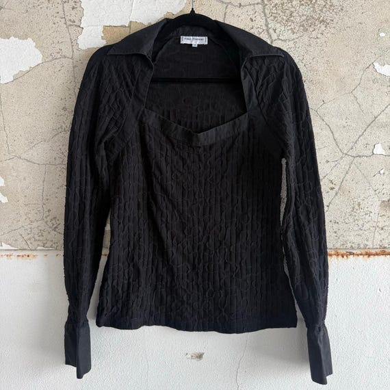 Anne Fontaine Top Textured Square Neck Black Stretch Blouse French Parisian Designer Quiet Luxury Womens 4
