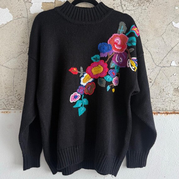 Vintage Sweater Floral Embroidered Wool Blend Multicolor Womens XL Made in Hong Kong Oversized Cottagecore Maximalist