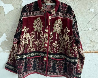 Cárdigan de tapiz vintage, estilo bohemio, de punto jacquard, con estampado floral, para mujer, talla L