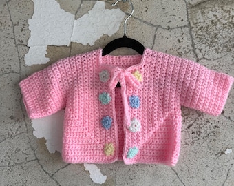 Handmade Crochet Baby Cardigan Floral Applique Tie Front Sweater Baby Girl 6-9M