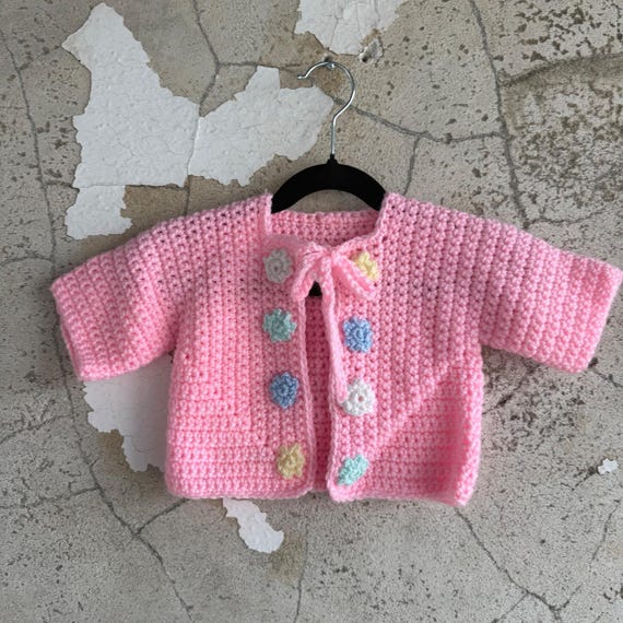 Handmade Crochet Baby Cardigan Floral Applique Tie Front Sweater Baby Girl 6-9M