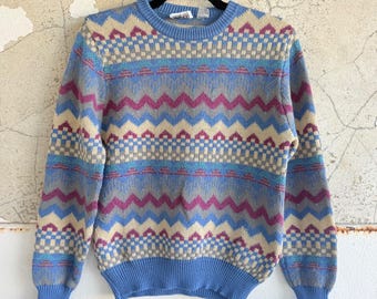 Suéter vintage retro geométrico de punto morado y azul estilo años 80, estilo campestre suburbano, talla S para mujer