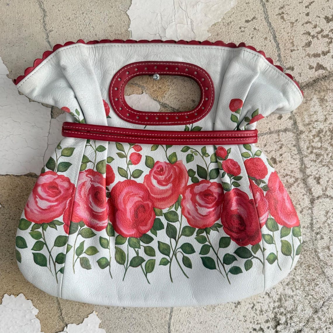 Isabella Fiore Bag Hand Painted Rose Leather Handbag Tassel Cutout Handle Y2K, Foto 3 von 5