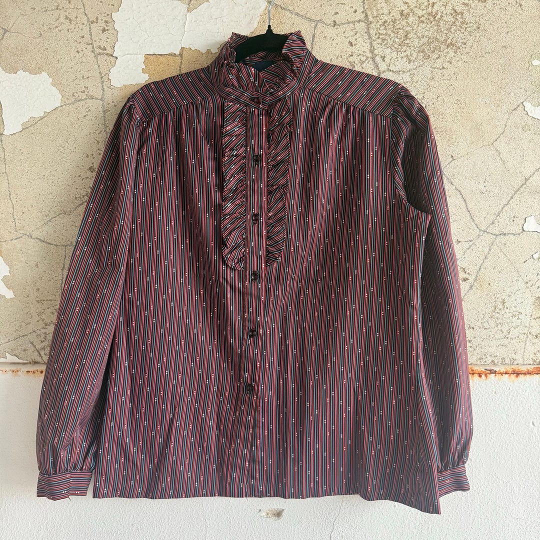 Vintage 70s Striped Ruffle Blouse: Victorian Secretary Top, Made in USA ...