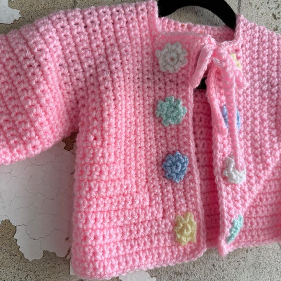 Handmade Crochet Baby Cardigan Floral Applique Tie Front Sweater Baby Girl 6-9M View 3