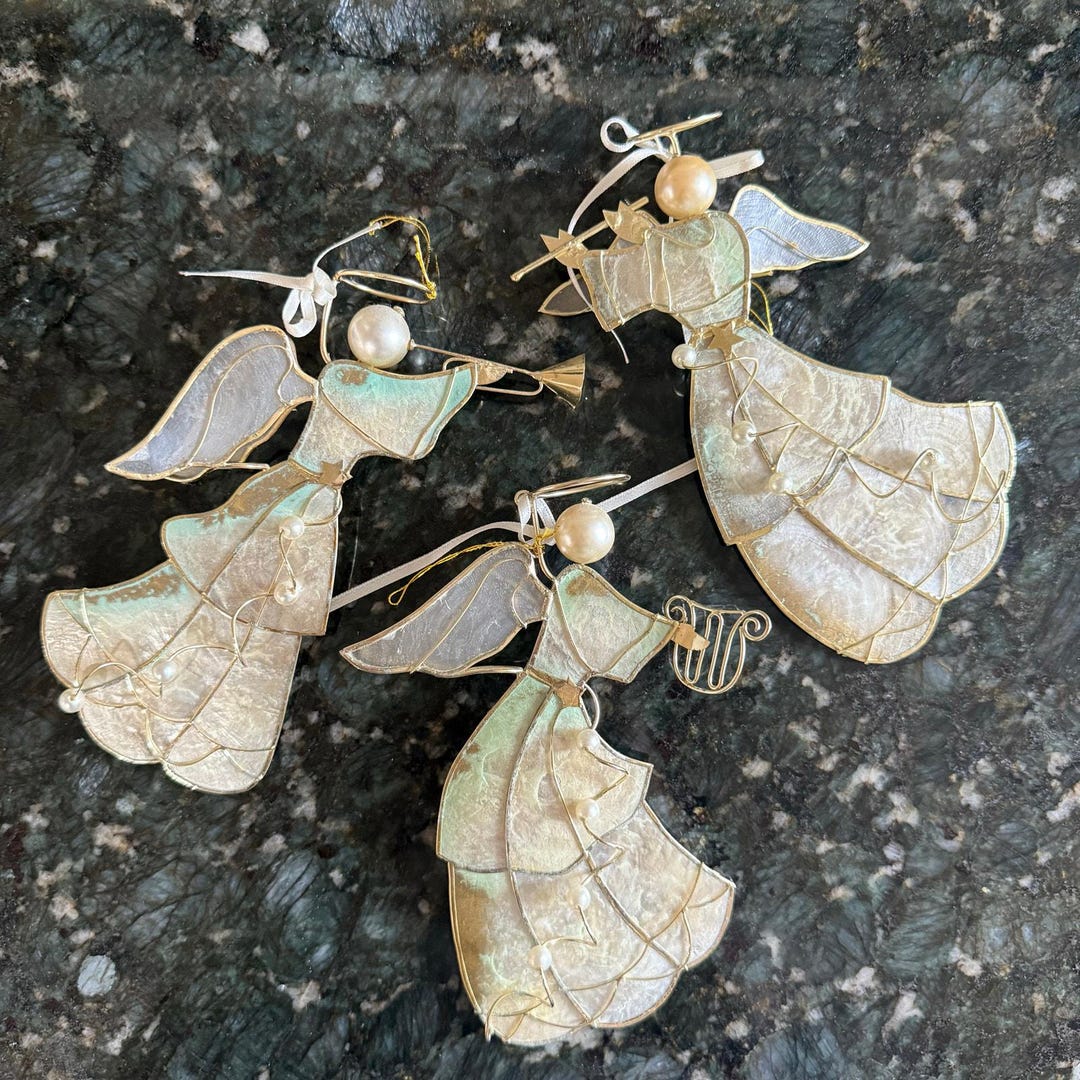 Vtg Capiz Shell Angel Ornament Set of 3 Brass Wire Pearls Instruments ...