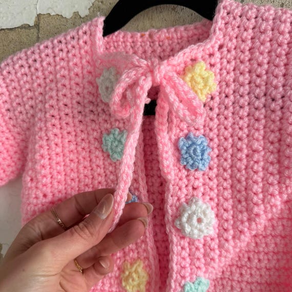 Handmade Crochet Baby Cardigan Floral Applique Tie Front Sweater Baby Girl 6-9M View 4