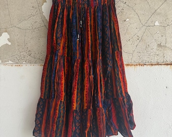 90s Boho Rayon Midi Skirt: Vintage Colorful Tiered Design, Made in India