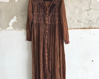 Vintage 90s Maxi Dress Embroidered Rayon Long Sleeve Tie Back Boho Prairie L
