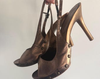 Y2K BCBG Slingback Heels Studded Metallic Bronze Peep Toe Stiletto Platform 8