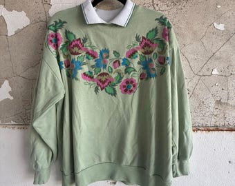 Vtg Grandmacore Sweatshirt Floral Polo Pullover Sage Green USA 80s Cottagecore L