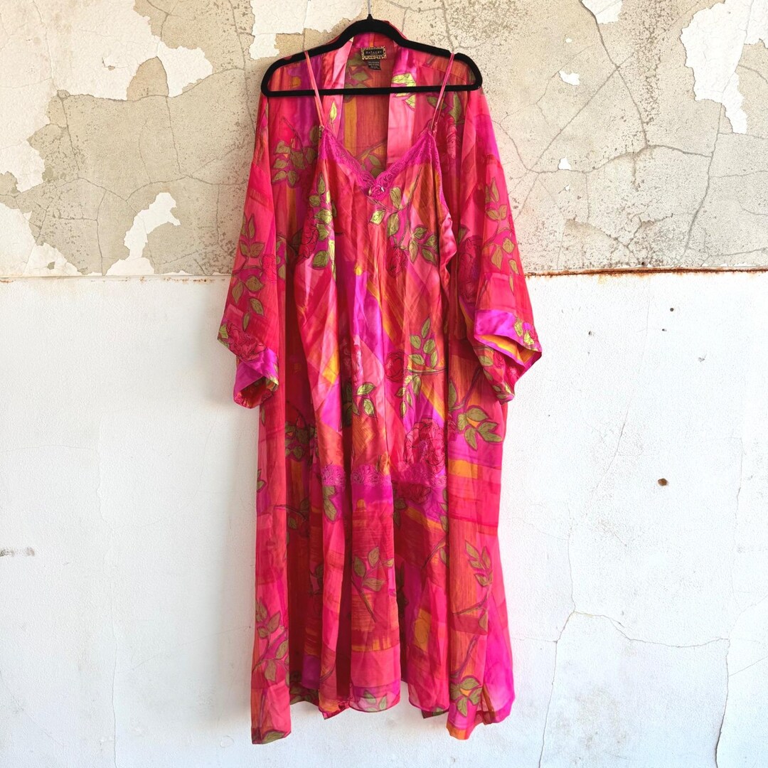 Vintage 90s Floral Satin Robe Gown Set, Pink Orange Abstract Print ...
