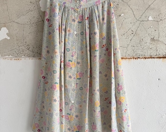Vintage Silk Midi Skirt: Pastel Ditsy Floral, Button Front, Size S