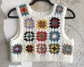 Granny Square Crochet Vest Patchwork Boho Cropped Knit Sweater Tank Top Vtg S
