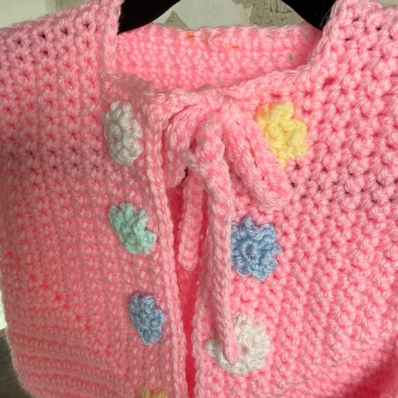 Handmade Crochet Baby Cardigan Floral Applique Tie Front Sweater Baby Girl 6-9M View 5