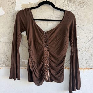 Y2K Sequin Top Fairycore Ruched Long Sleeve Bell Sleeve V Neck Vintage Anna Paul
