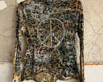 Y2K Strass Peace Zeichen Leopard Print Top, Indie Sleaze S