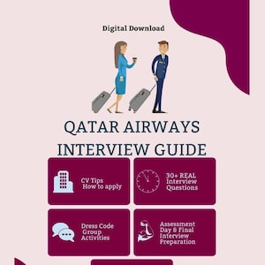 Può includere: Un download digitale intitolato "QATAR AIRWAYS INTERVIEW GUIDE" con illustrazioni e testo. La guida include sezioni su suggerimenti per il CV, domande di colloquio, codice di abbigliamento, attività di gruppo e preparazione al colloquio. Sfondo rosa chiaro con accenti bordeaux.