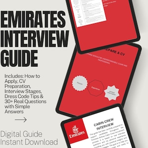 May include: A digital guide titled "Emirates Interview Guide" with text including how to apply, CV preparation, interview stages, and dress code tips. The guide is displayed on three tablets with red backgrounds and white text. The Emirates logo is visible.