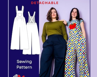 Puede incluir: La imagen muestra un patrón de costura para "SELONI OVERALLS DETACHABLE". El diseño se ilustra con un boceto blanco del mono. Dos mujeres modelan el mono, una con pantalones azul marino y una parte superior verde, la otra con un estampado de cuadros de colores.