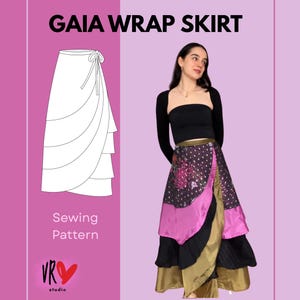 Peut inclure: Un patron de couture de jupe portefeuille avec le texte "GAIA WRAP SKIRT". La jupe est présentée dans un design patchwork coloré avec des tissus roses, noirs et dorés. Un dessin au trait de la jupe est également montré. Le texte "Sewing Pattern" est en dessous.
