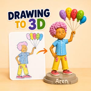 May include: A 3D figurine of a character with pink curly hair, a blue striped shirt, and yellow pants, holding five colorful balloons with faces. Next to it is a drawing of the same character. The base features the text By Aren.