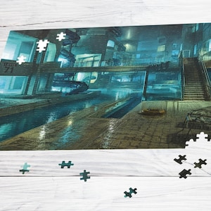 May include: A jigsaw puzzle depicting a dark, indoor aquatic facility with blue-tinted water, a spiral slide, and a staircase. The text Level 71 is visible on a wall. Several loose puzzle pieces are scattered below the main assembled section.