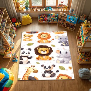 Bonita alfombra infantil de safari: suave y antideslizante, con panda, león, elefante y jirafa. Ideal para el salón de juegos de los más pequeños.