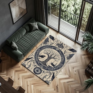 Nordic Tree of Life Rug: Yggdrasil, Ravens & Runes - Mythic Decor image 3