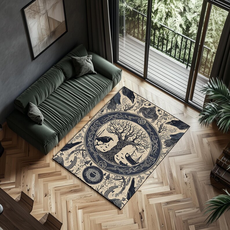Nordic Tree of Life Rug: Yggdrasil, Ravens & Runes - Mythic Decor image 3
