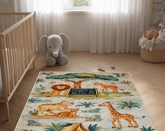 Safari Animal Kids Rug: Washable Nursery Play Mat