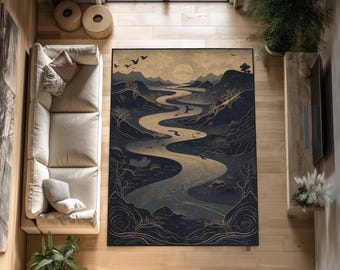 Golden Sunset River Landscape Rug: Modern Mountain Design