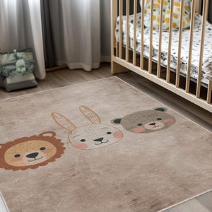 Kleiner Teppich mit Tiergesichtern - Löwe Hase Bär Teppich für Babyzimmer - weicher Waschbarer Samt Moderne Kinder Bodenmatte