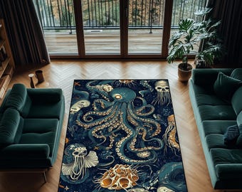 May include: A rectangular area rug featuring a detailed illustration of an octopus and other sea creatures in shades of blue, teal, and gold against a dark blue background. The rug is placed on a wooden floor in a living room setting.