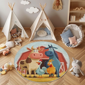 Colorful Round Kids Rug with Cartoon Farm Animals – Cow, Horse, and Chickens in Barnyard Theme Nursery Carpet
