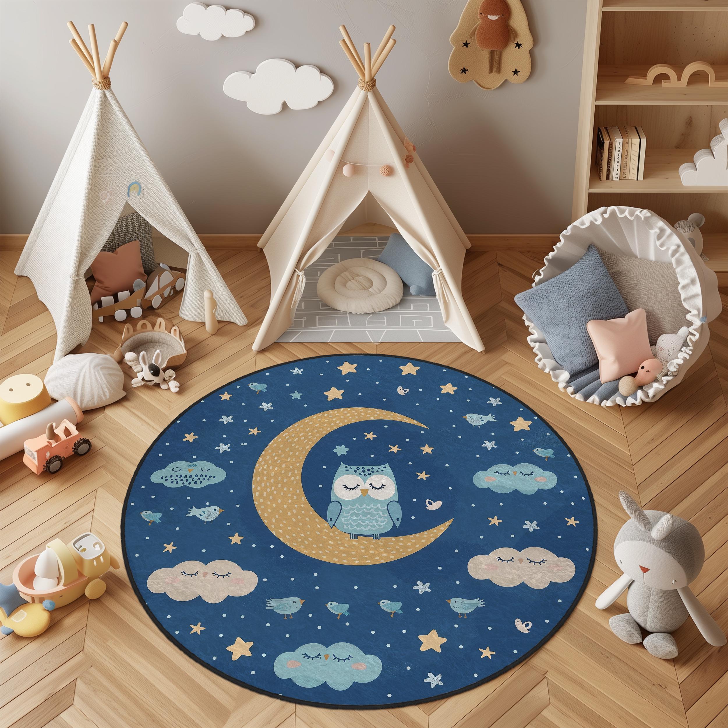 Round Night Sky Owl Moon Kids Rug for Nursery and Playroom, Starry Blue Baby Room Carpet, Sleepy Clo
