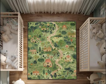 Alfombra infantil con casitas y camino forestal, divertida y suave, lavable.