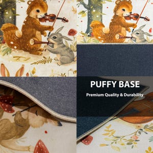 The image is a collage of various images featuring animals, including a squirrel playing a violin and a rabbit holding a guitar. The collage is labeled as "PUFFY BASE" and highlights the premium quality and durability of the material.