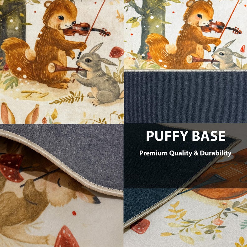 The image is a collage of various images featuring animals, including a squirrel playing a violin and a rabbit holding a guitar. The collage is labeled as "PUFFY BASE" and highlights the premium quality and durability of the material.