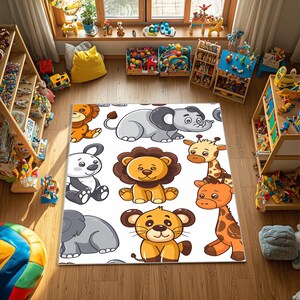 Alfombra infantil con dibujos de animales: suave y antideslizante, con león, jirafa, elefante y panda. Ideal para la habitación de bebés y niños pequeños.