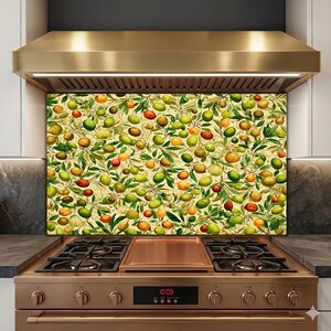 Olive Pattern Glass Backsplash, Mediterranean Kitchen Decor, Botanical Tile Panel