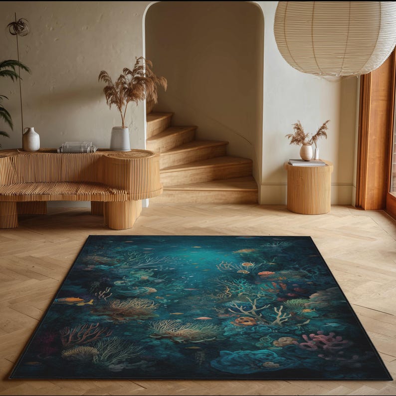 Aquatic Rug Underwater Coral Reef Rug: Marine Life, Ocean Theme - Leather or Puffy ...