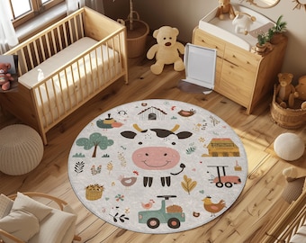 Farm Animal Nursery Rug: Round Cow & Tractor Play Mat