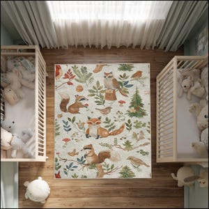 Forest Friends Kids Rug – Beige Woodland Animal Play Mat with Owl, Fox, Squirrel - Birds, Cute Nursery Carpet for Baby & Toddler Room