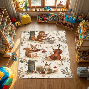 Kinderteppich - Waldtiere Teppich mit Instrumenten - weiche waschbare Samt Spielzimmer Bodenmatte
