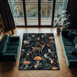 Enchanted Forest Rug – Dark Woodland Animal Carpet with Deer, Mushrooms & Flowers, Fairy Tale Nature Floor Mat for Living Room Decor